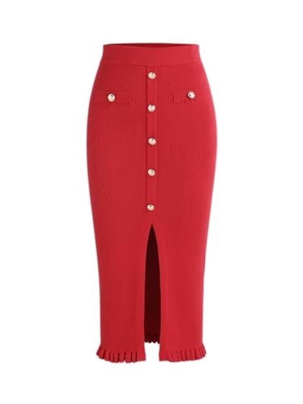 Cider Red Midi Skirt Women’s Medium Mid Waist Solid Knit Split Hem Romantic Chic